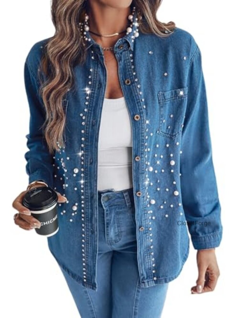 Women's Button Down Denim Shirt with Pearl Rhinestone Embellishments Shacket